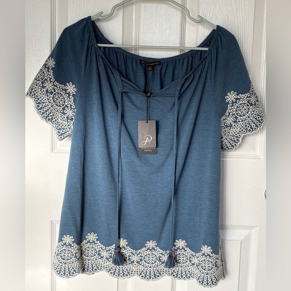 Adrianna Papell Blue Blouse with Cream Lace